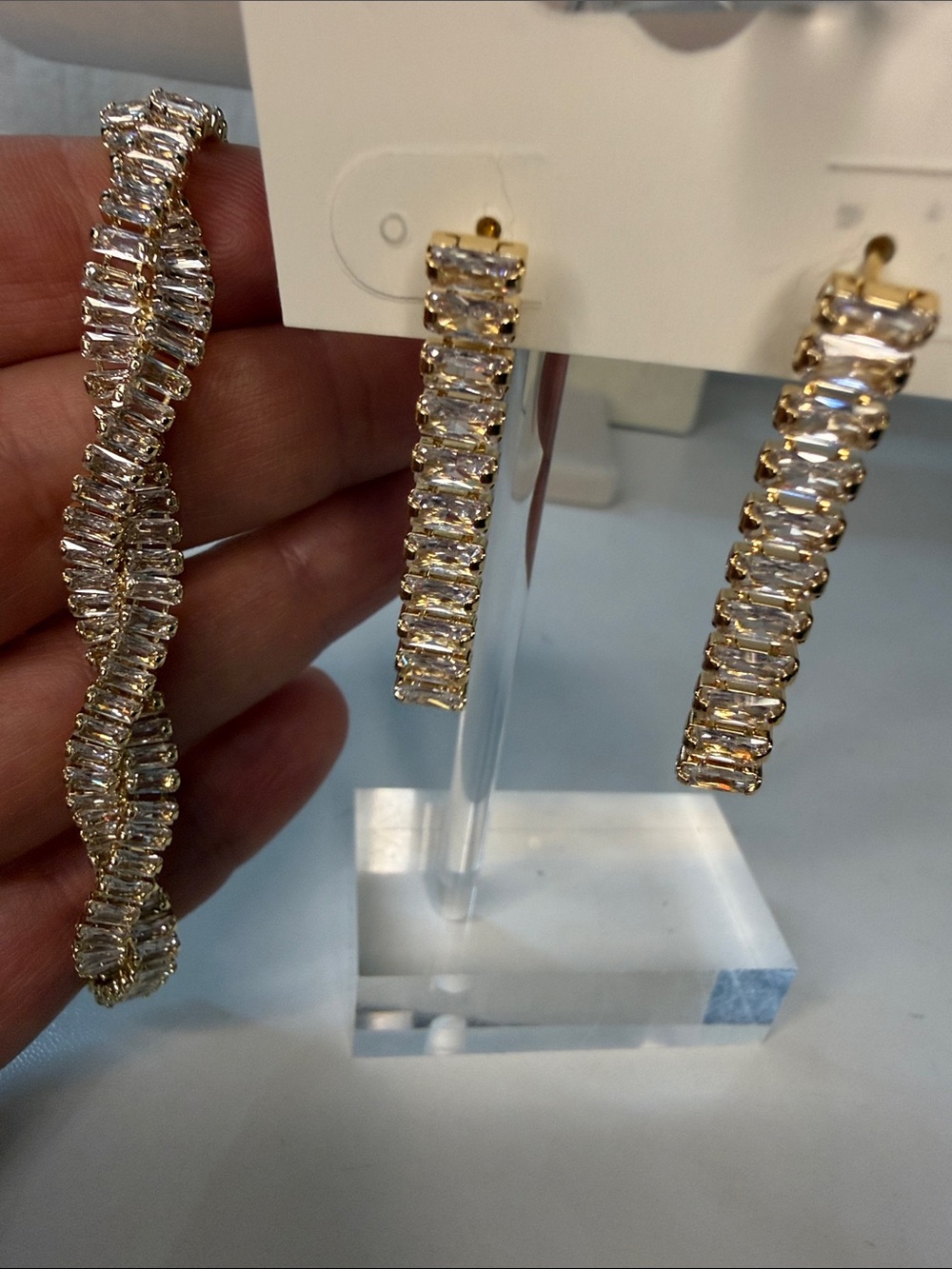 18k Gold Crystal Baguette Drop Earrings and Bracelet Set